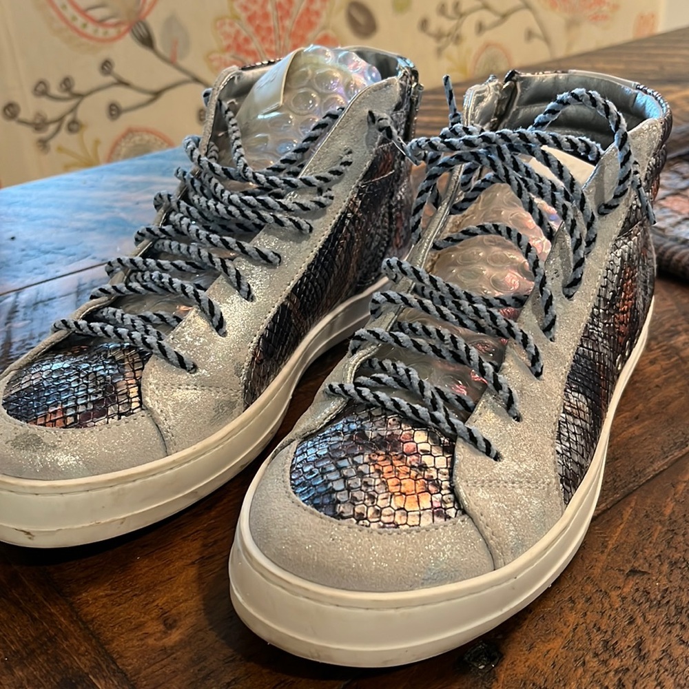 P448 high top sneakers.  Rose gold and blue snake skin and bubble wrap tongues.